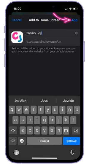 Casino Joy add to home screen