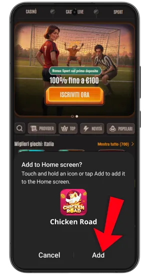 Opzione Aggiungi alla schermata home nel menu Chrome Chicken Road